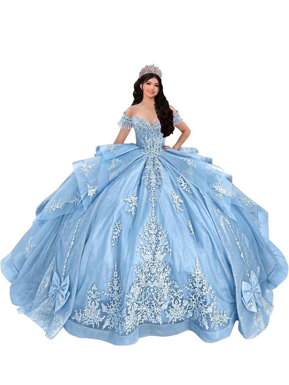 Sky Blue Off-Shoulder Ball Gown with Embroidered Lace